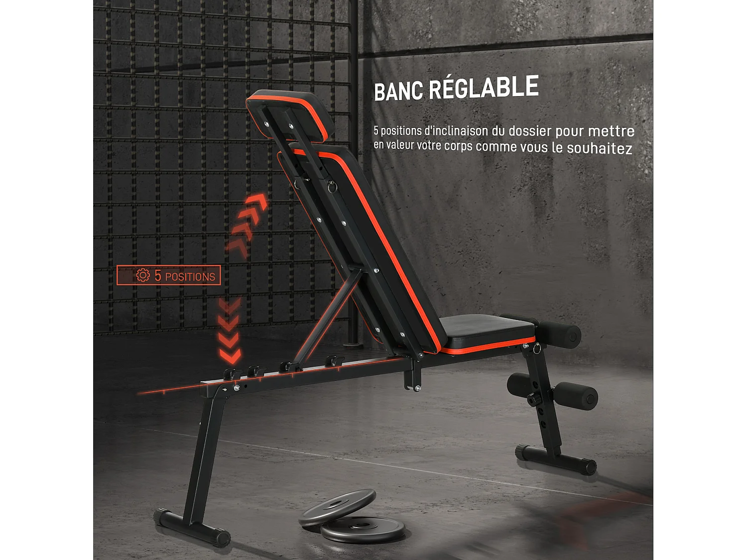 Banc de musculation pliable inclinable abdominaux - 4 coussins presse-jambes - acier PU rouge noir