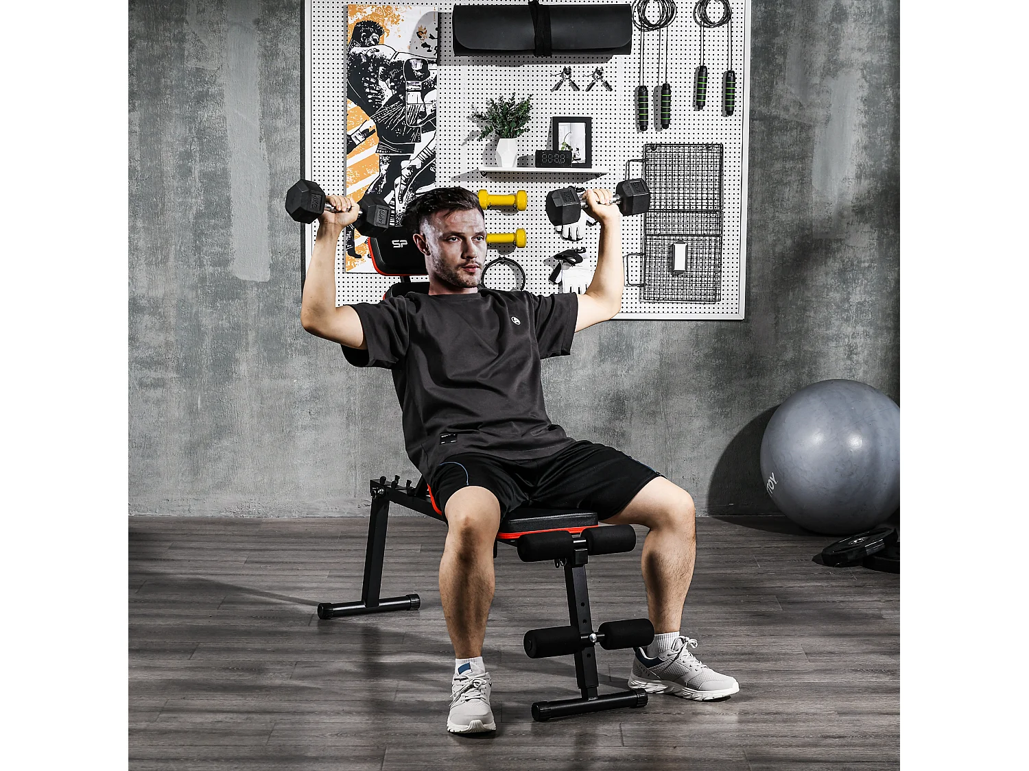 Banc de musculation pliable inclinable abdominaux - 4 coussins presse-jambes - acier PU rouge noir