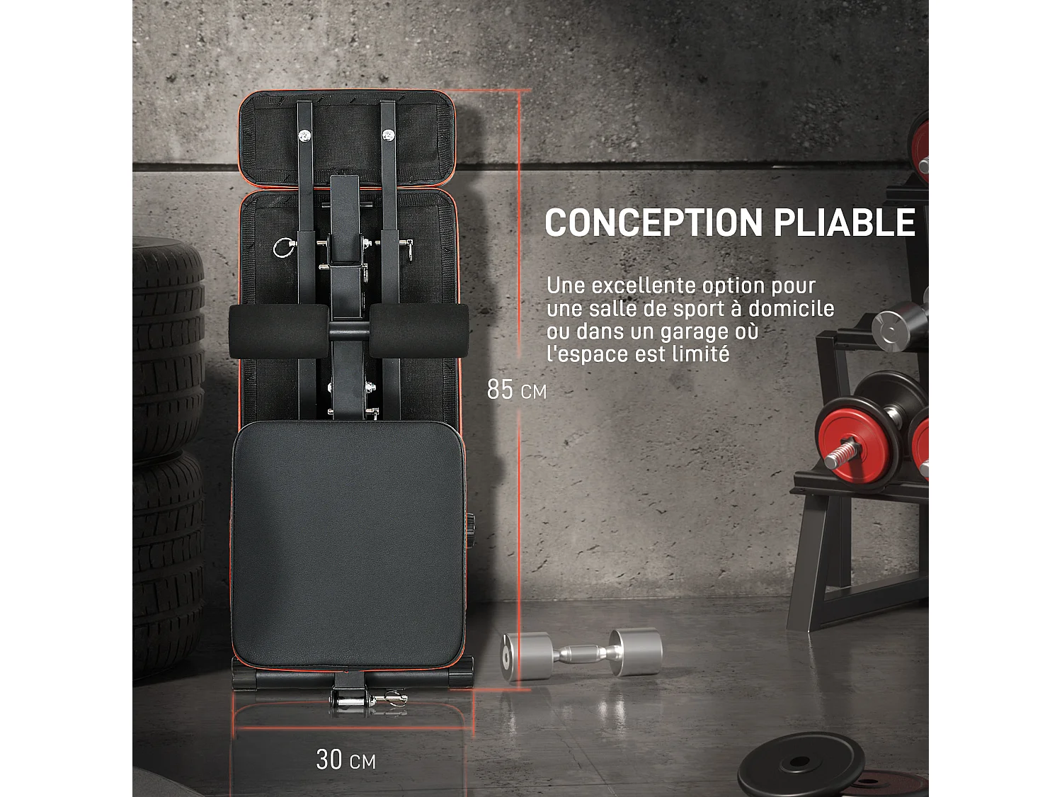 Banc de musculation pliable inclinable abdominaux - 4 coussins presse-jambes - acier PU rouge noir