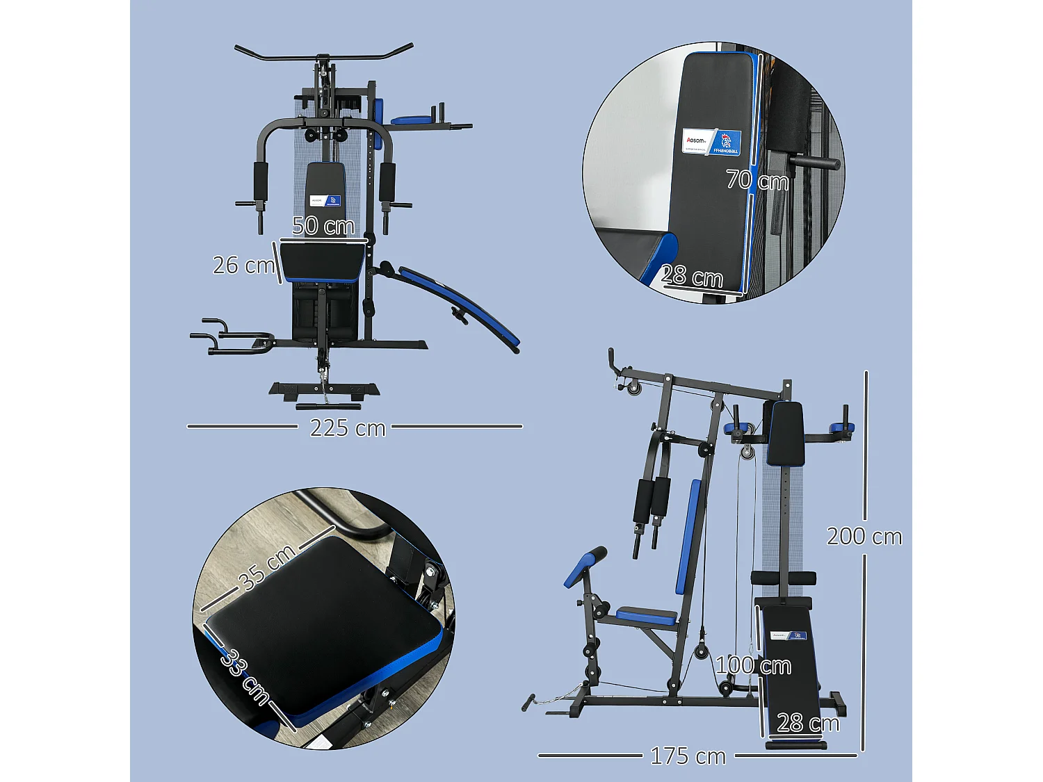 Station de musculation multi-équipement - collaboration Aosom.fr x FFHandball - 10 contrepoids - acier noir rouge
