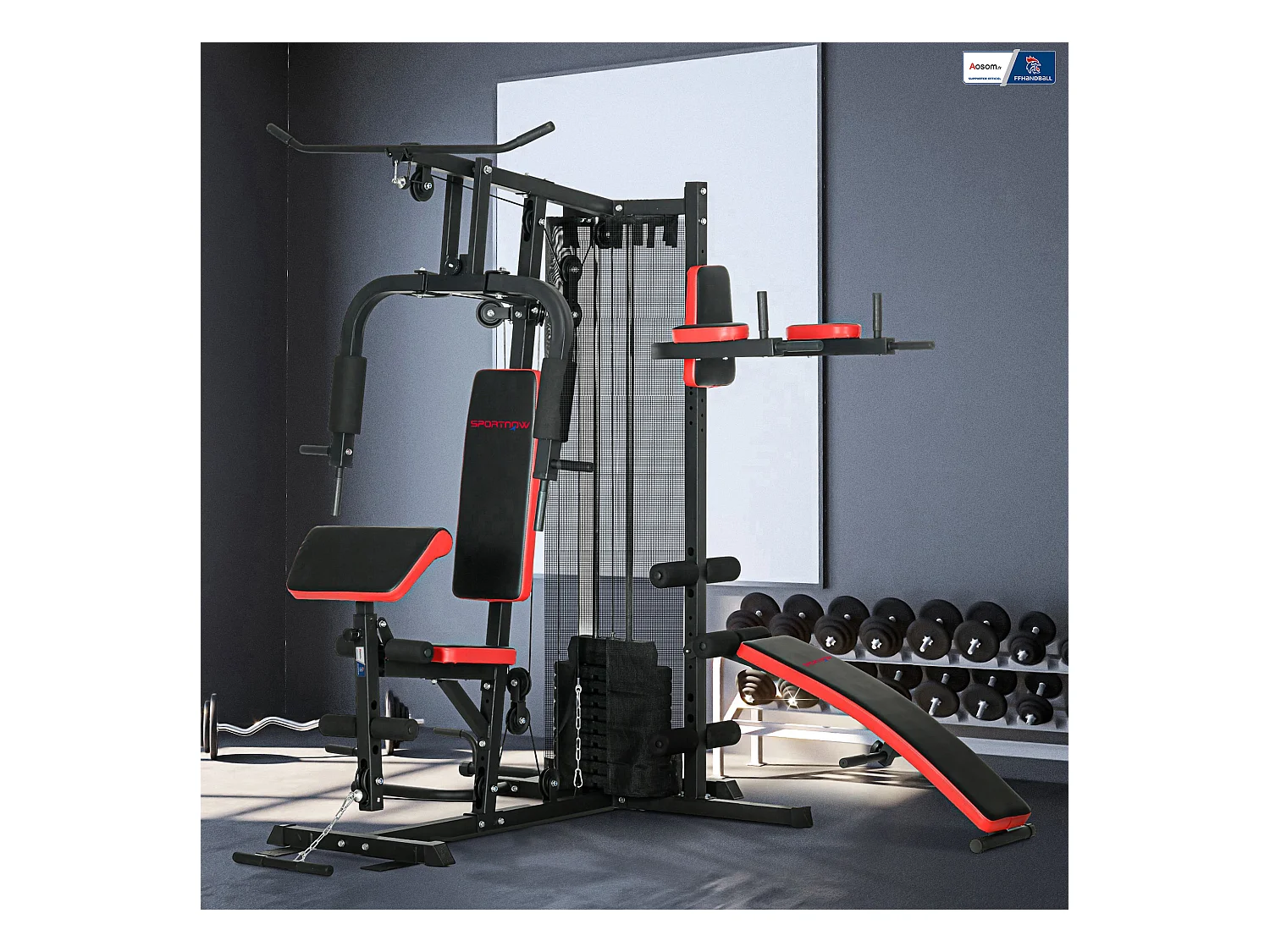 Station de musculation multi-équipement - collaboration Aosom.fr x FFHandball - 10 contrepoids - acier noir rouge