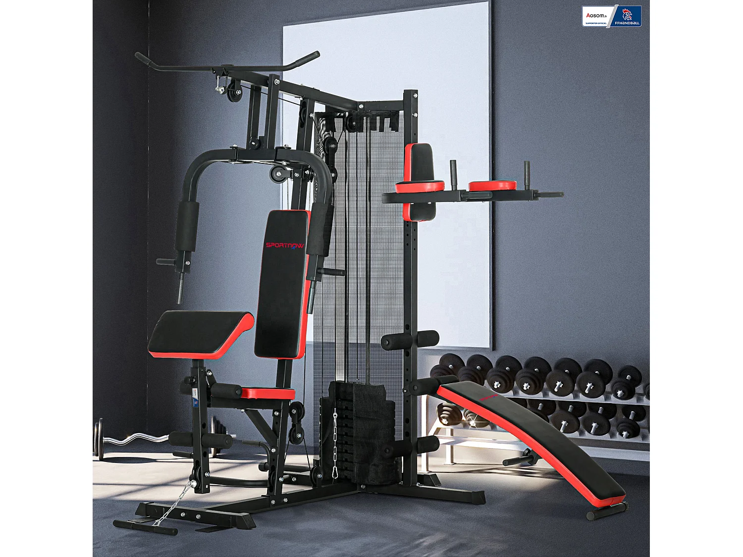 Station de musculation multi-équipement - collaboration Aosom.fr x FFHandball - 10 contrepoids - acier noir rouge