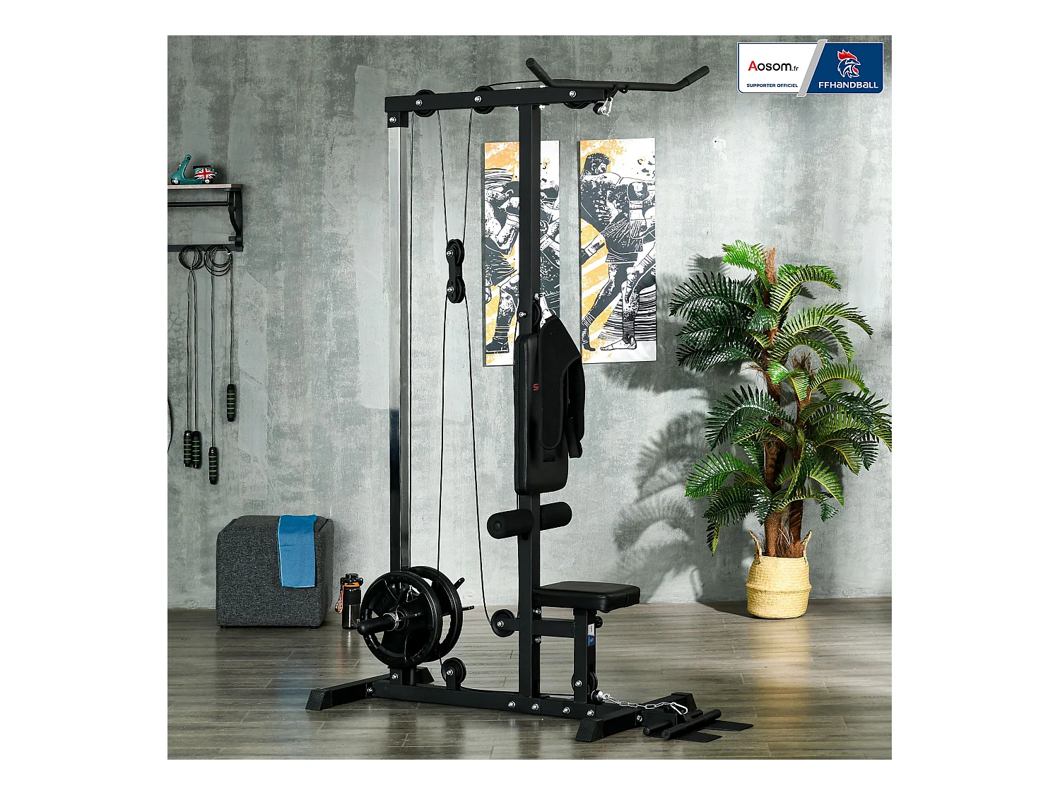 Station de musculation tirage poitrine - collaboration Aosom.fr x FFHandball - bande de résistance, siège réglable - noir