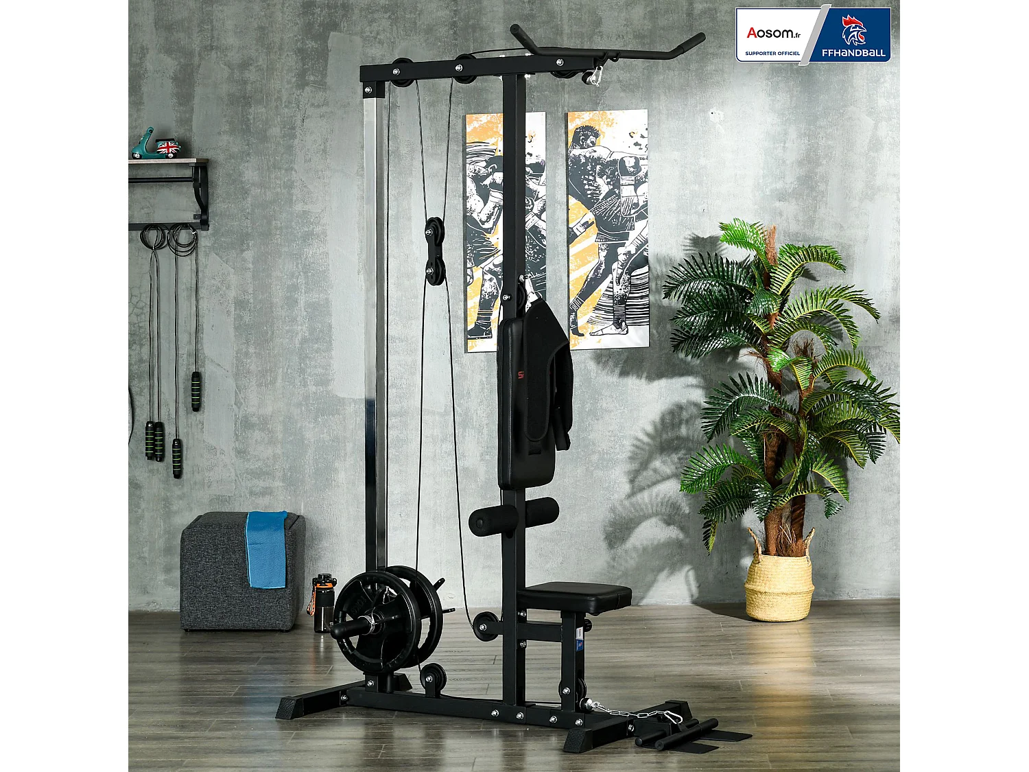 Station de musculation tirage poitrine - collaboration Aosom.fr x FFHandball - bande de résistance, siège réglable - noir