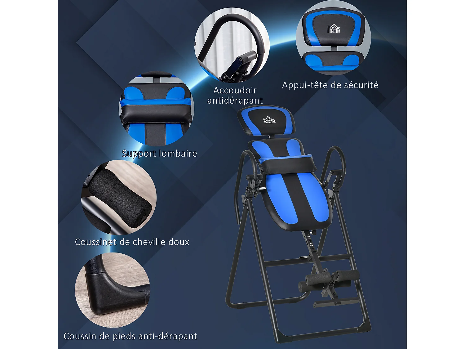 Table d'inversion pliable réglable antidérapante charge max. 110 Kg acier synthétique bleu noir