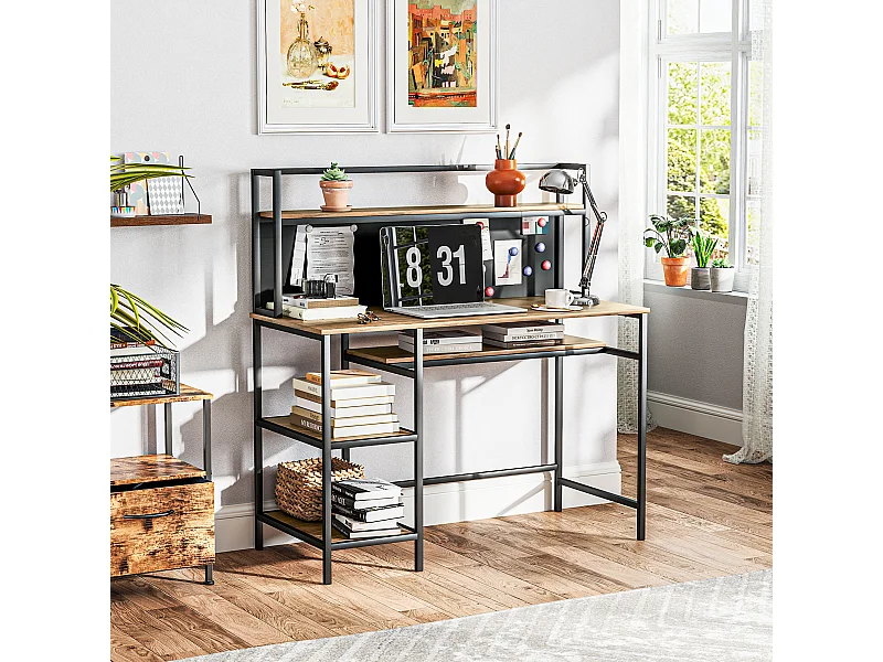 Bureau informatique design industriel 4 étagères grand plateau et panneau noir métal aspect bois