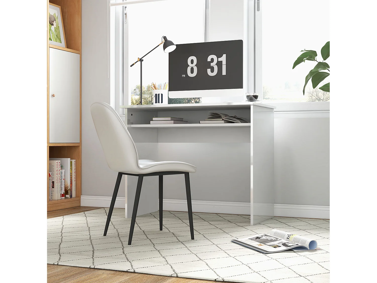 Bureau informatique multimédia multi-rangement  1 étagère - 90l x 50P x 74H cm blanc