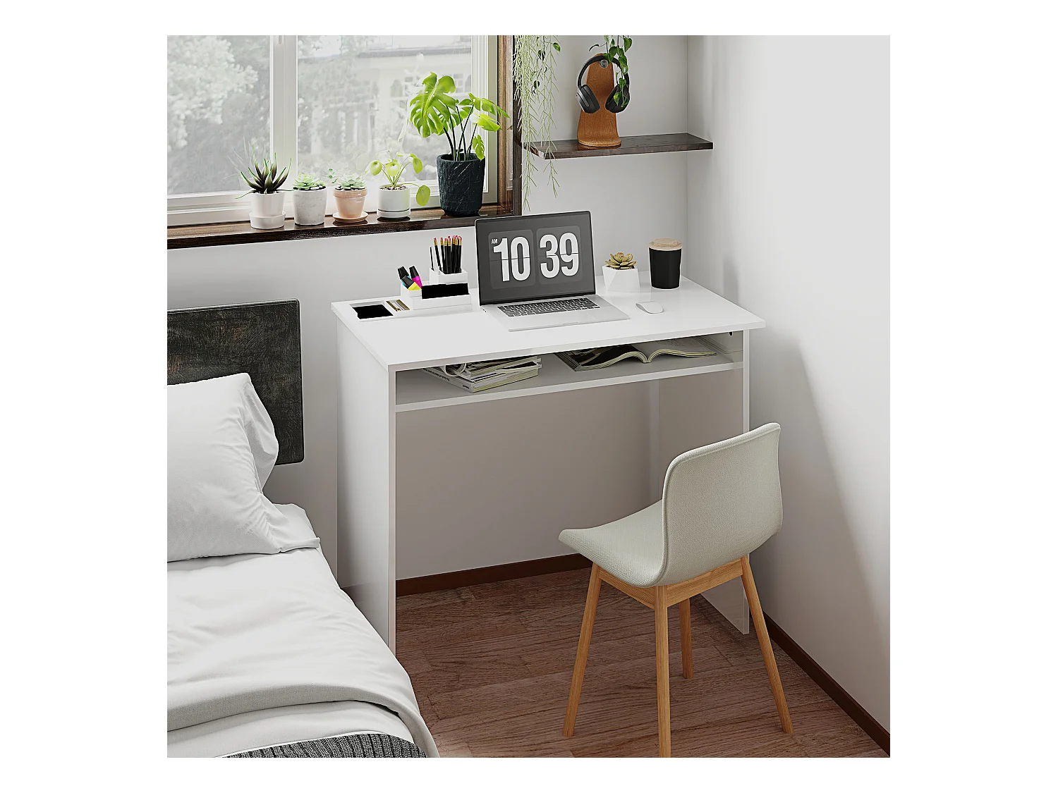 Bureau informatique multimédia multi-rangement  1 étagère - 90l x 50P x 74H cm blanc