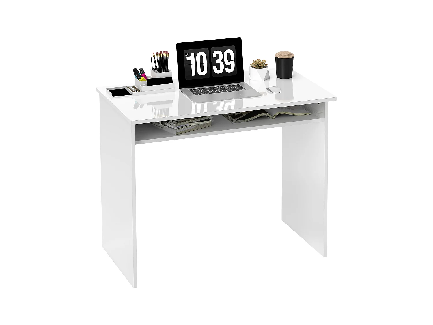 Bureau informatique multimédia multi-rangement  1 étagère - 90l x 50P x 74H cm blanc