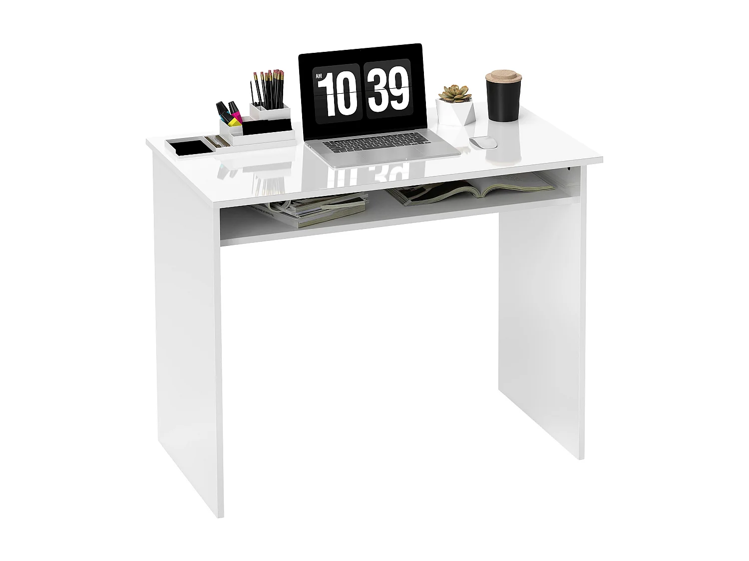 Bureau informatique multimédia multi-rangement  1 étagère - 90l x 50P x 74H cm blanc