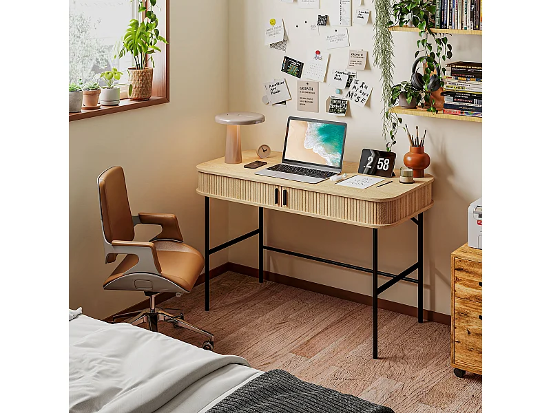 Bureau style scandinave dim. 120 x 60 x 76,5 cm - 2 portes, 2 compartiments - acier noir aspect bois clair