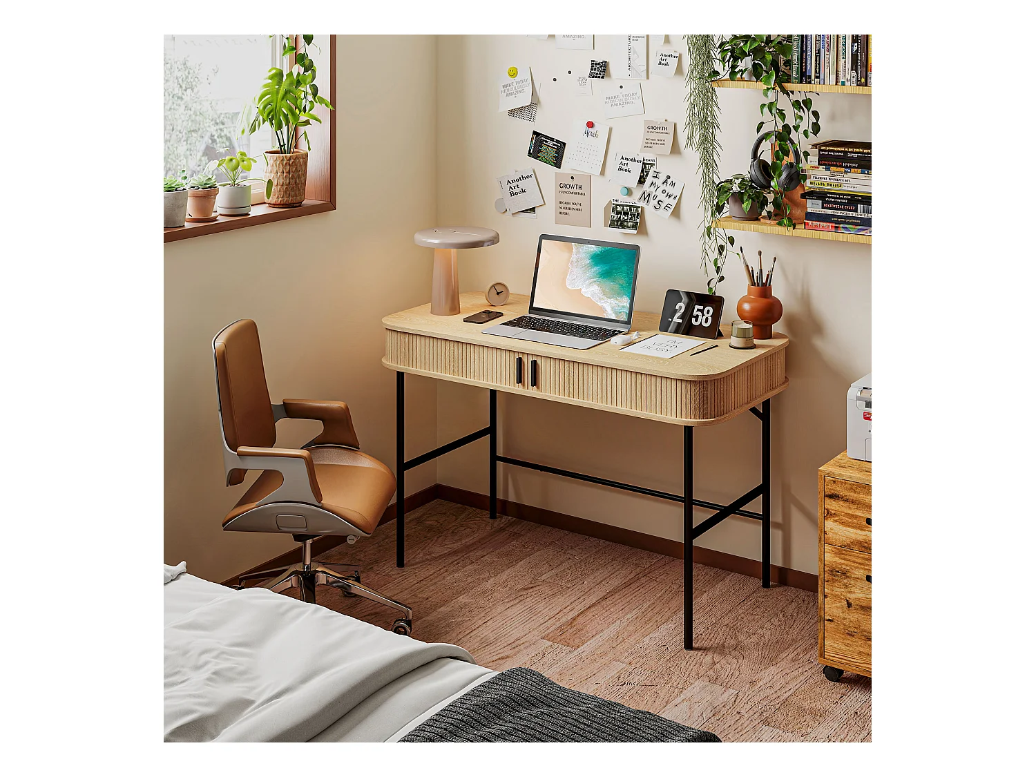 Bureau style scandinave dim. 120 x 60 x 76,5 cm - 2 portes, 2 compartiments - acier noir aspect bois clair