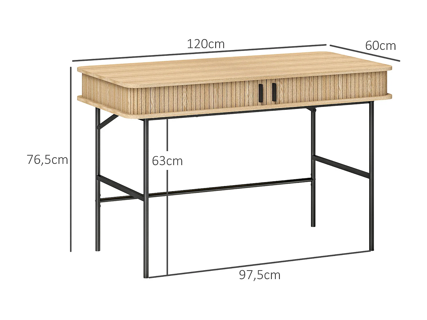 Bureau style scandinave dim. 120 x 60 x 76,5 cm - 2 portes, 2 compartiments - acier noir aspect bois clair