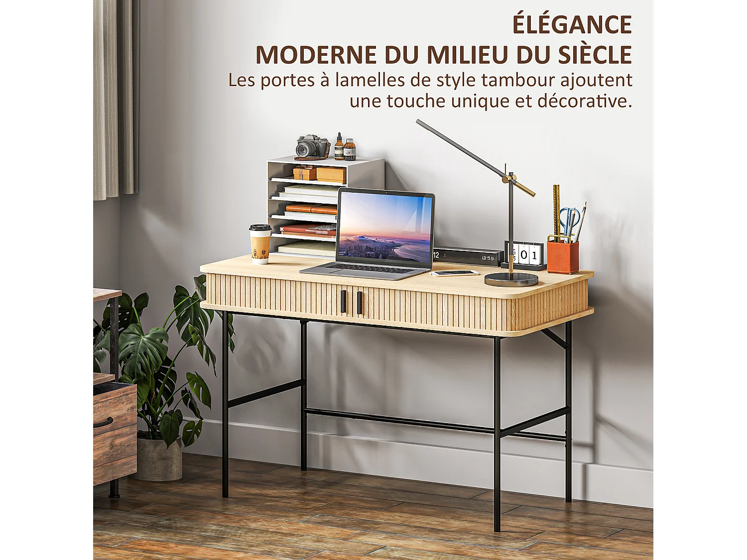 Bureau style scandinave dim. 120 x 60 x 76,5 cm - 2 portes, 2 compartiments - acier noir aspect bois clair
