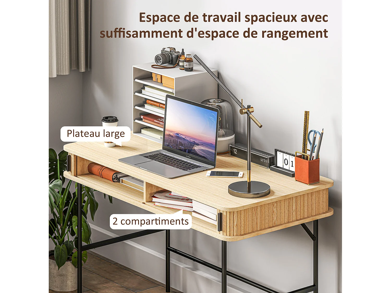 Bureau style scandinave dim. 120 x 60 x 76,5 cm - 2 portes, 2 compartiments - acier noir aspect bois clair