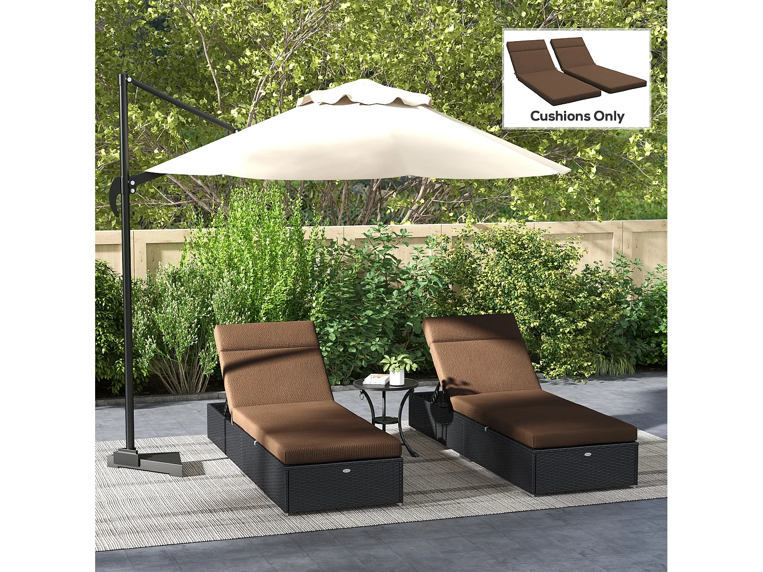 Lot de 2 matelas pour bain de soleil transat - cordons et scratchs d'attache - dim. 196L x 55l cm ép. 8 cm - polyester déperlant marron