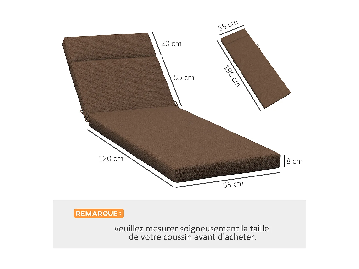 Lot de 2 matelas pour bain de soleil transat - cordons et scratchs d'attache - dim. 196L x 55l cm ép. 8 cm - polyester déperlant marron