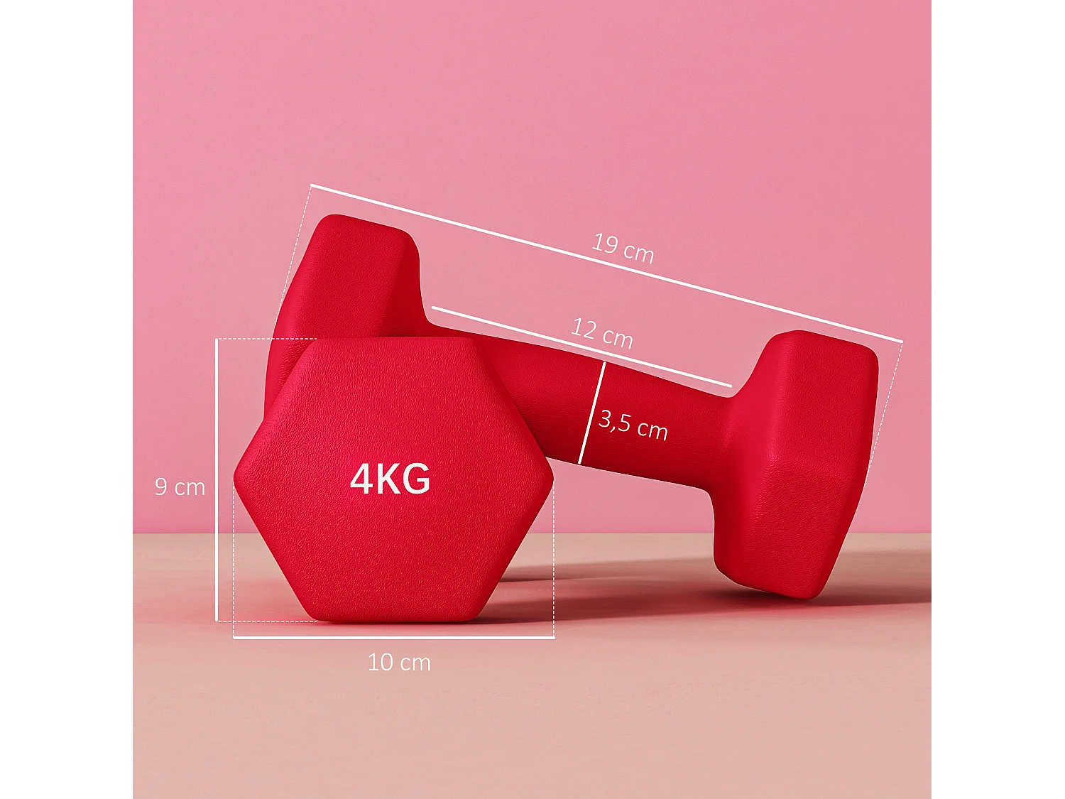 Lot de 2 haltères hexagonales 2 x 4 Kg - poignée antidérapante - métal PVC rouge