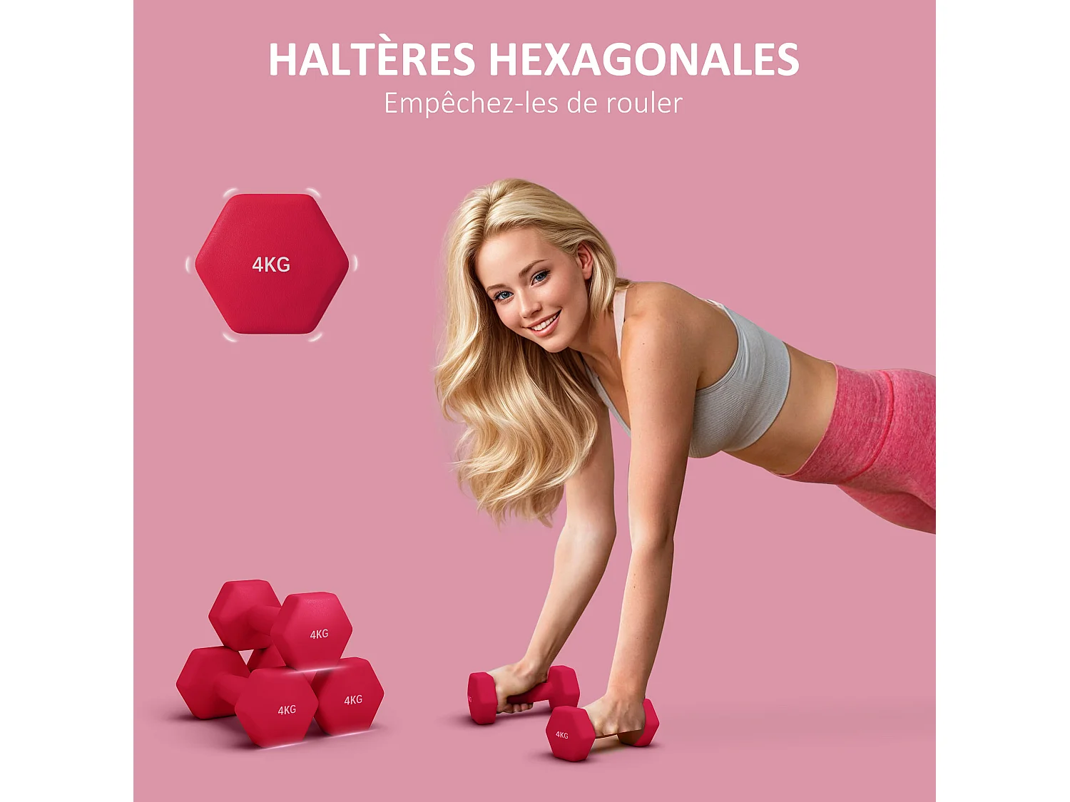 Lot de 2 haltères hexagonales 2 x 4 Kg - poignée antidérapante - métal PVC rouge