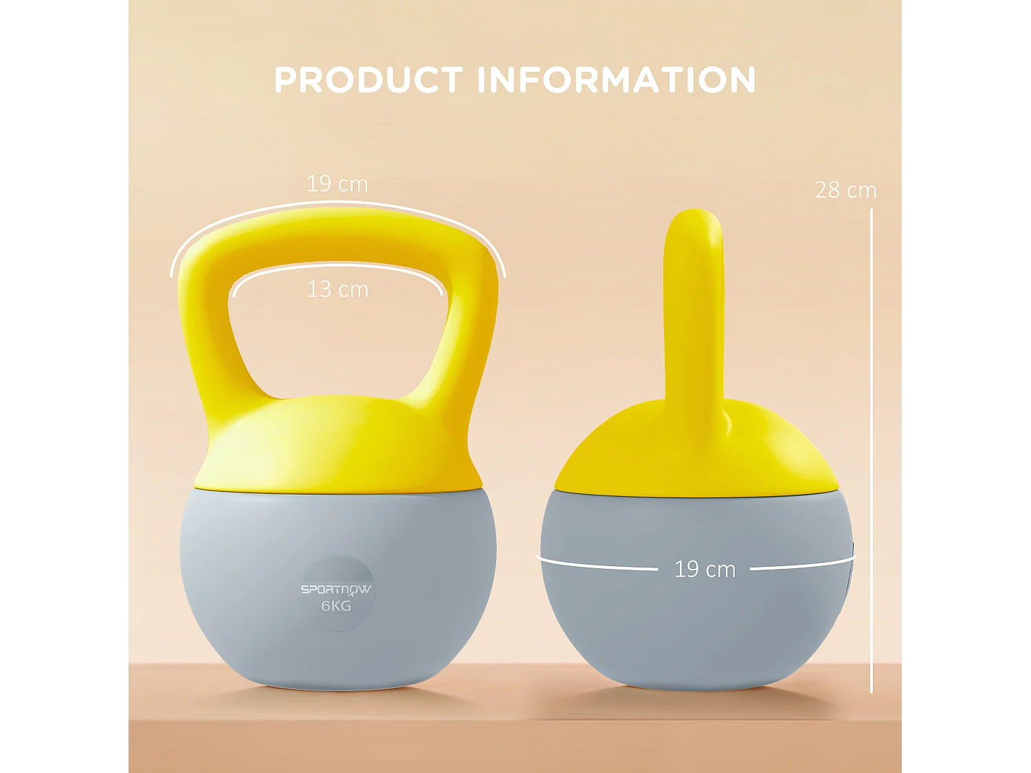 Kettlebell 6 Kg - prise ergonomique - entraînement musculaire & haltérophilie - PVC gris jaune