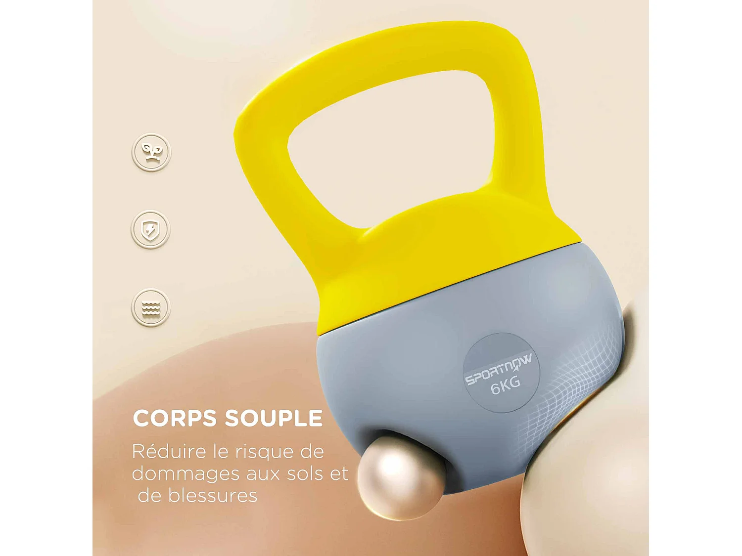 Kettlebell 6 Kg - prise ergonomique - entraînement musculaire & haltérophilie - PVC gris jaune