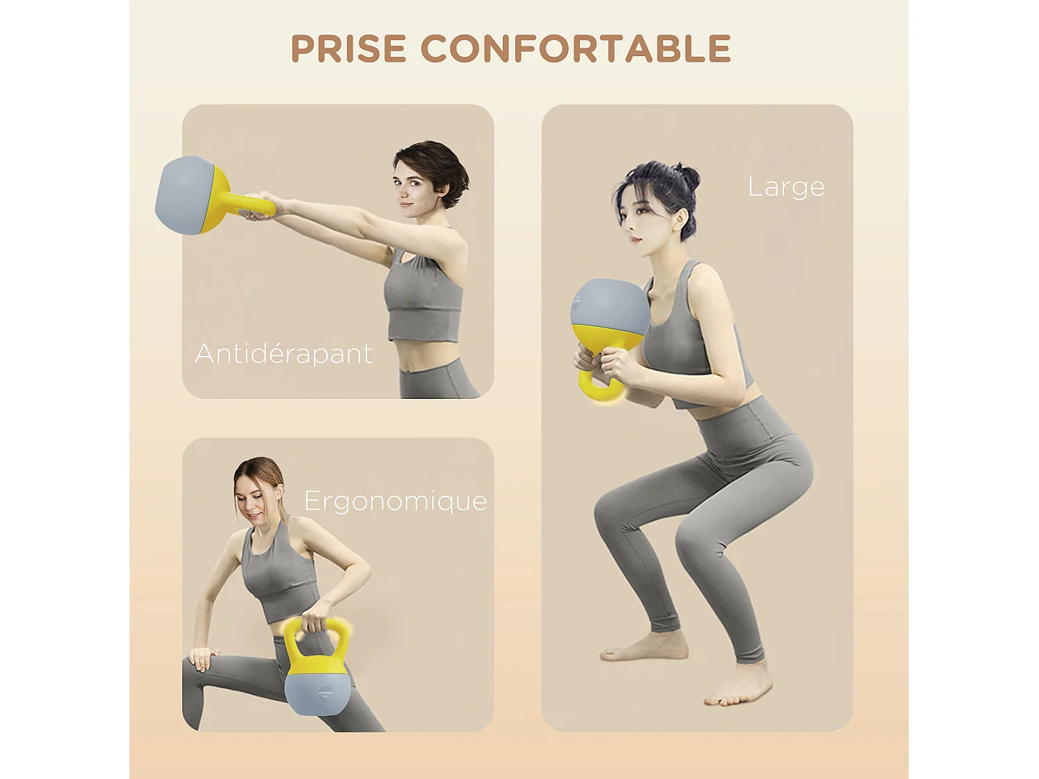 Kettlebell 6 Kg - prise ergonomique - entraînement musculaire & haltérophilie - PVC gris jaune