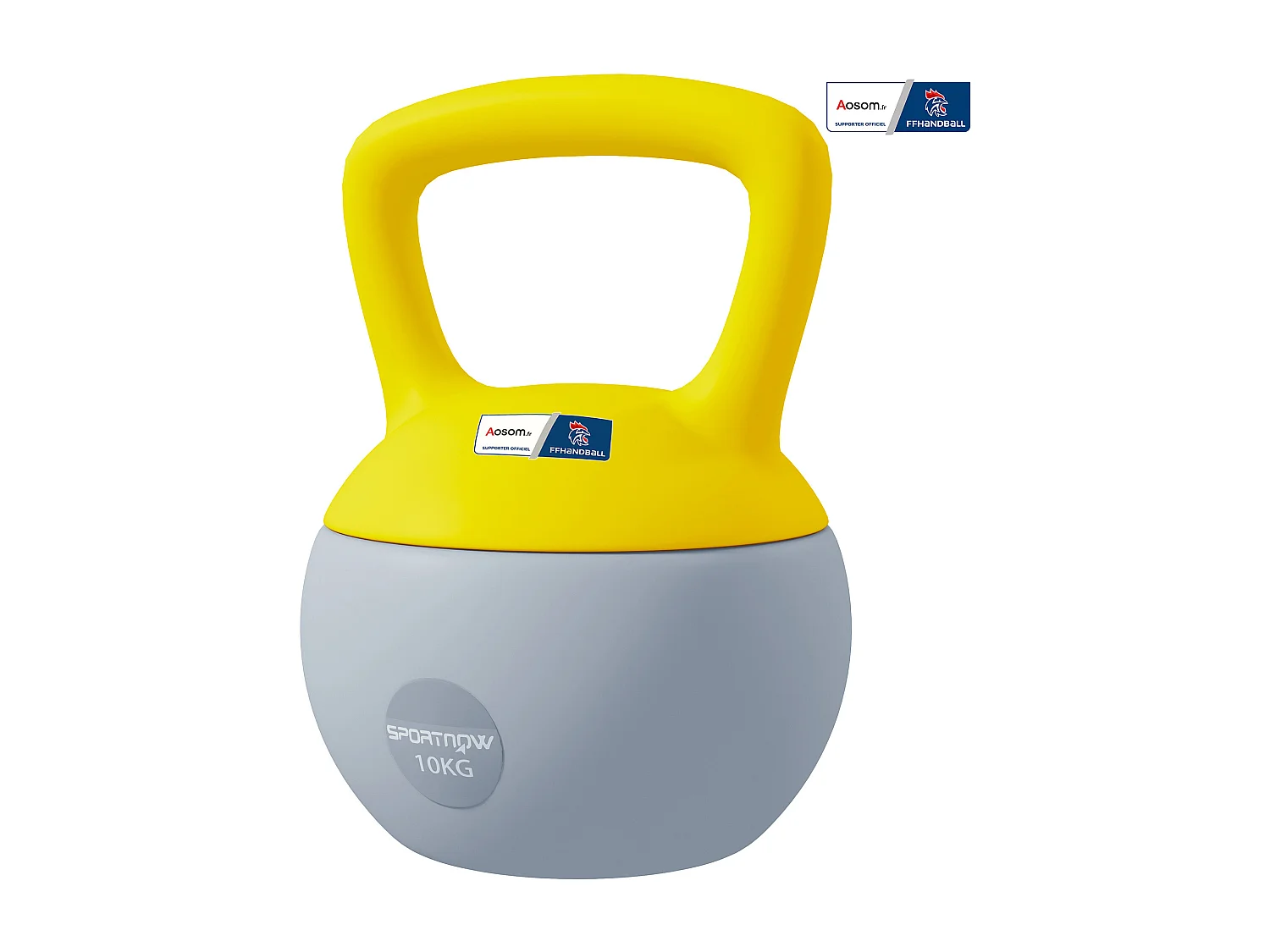 Kettlebell 10 Kg collaboration Aosom.fr x FFHandball - prise ergonomique - PVC gris jaune