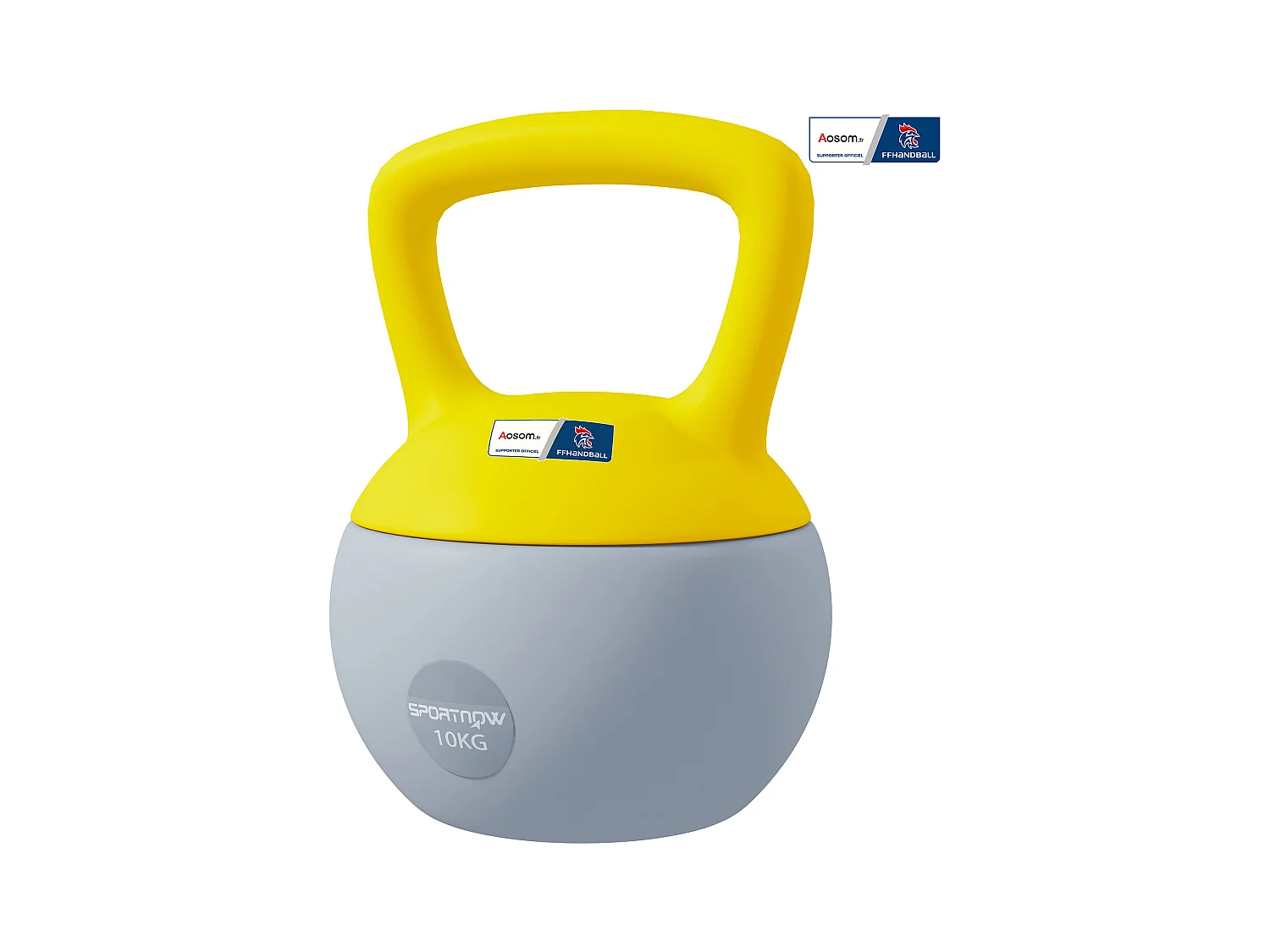 Kettlebell 10 Kg collaboration Aosom.fr x FFHandball - prise ergonomique - PVC gris jaune