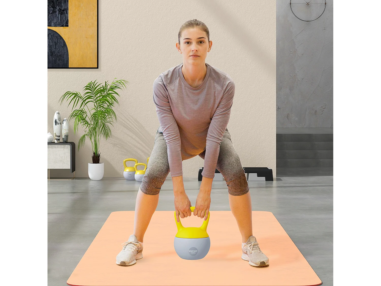 Kettlebell 10 Kg - prise ergonomique - entraînement musculaire & haltérophilie - PVC gris jaune