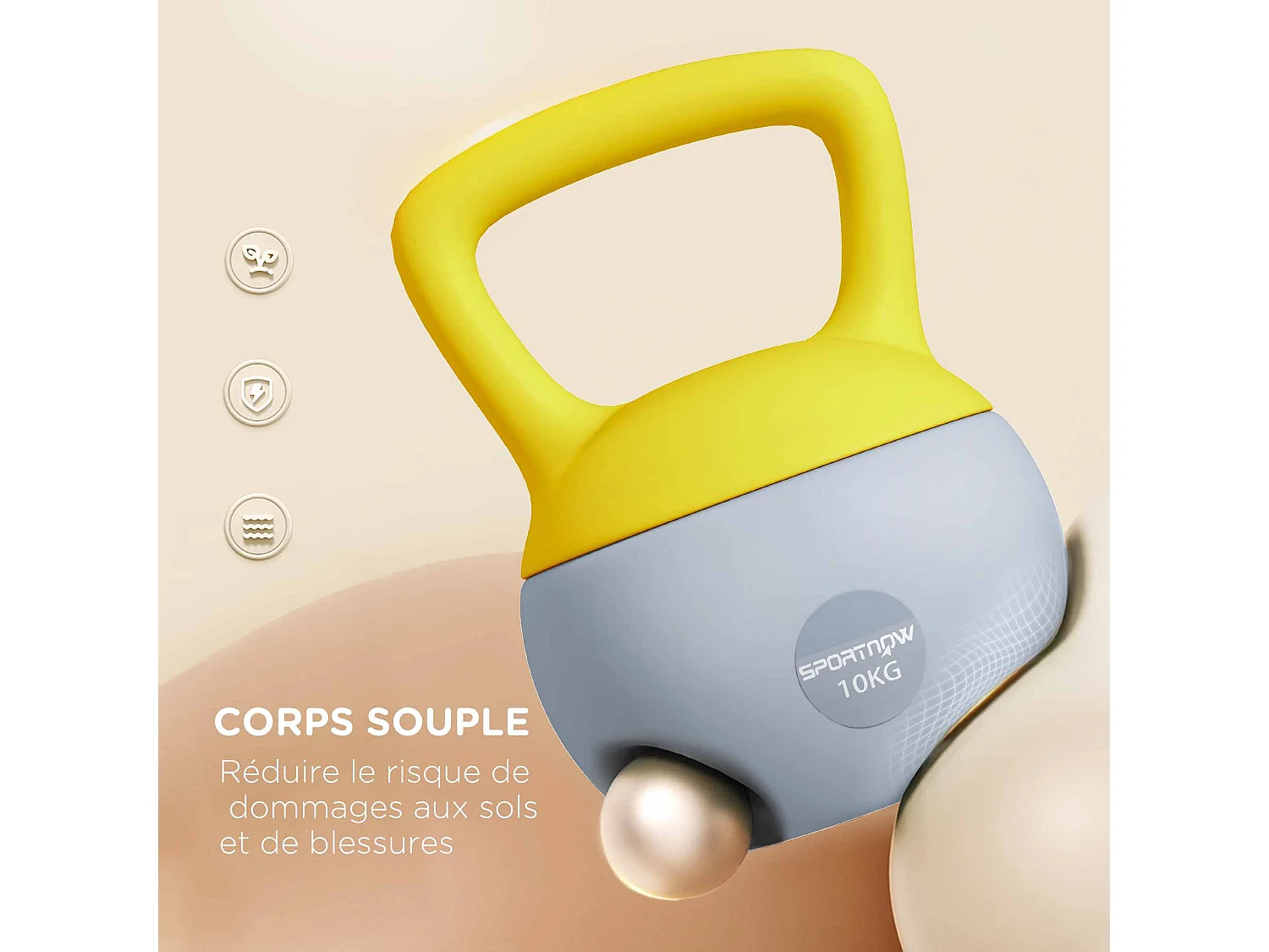 Kettlebell 10 Kg - prise ergonomique - entraînement musculaire & haltérophilie - PVC gris jaune