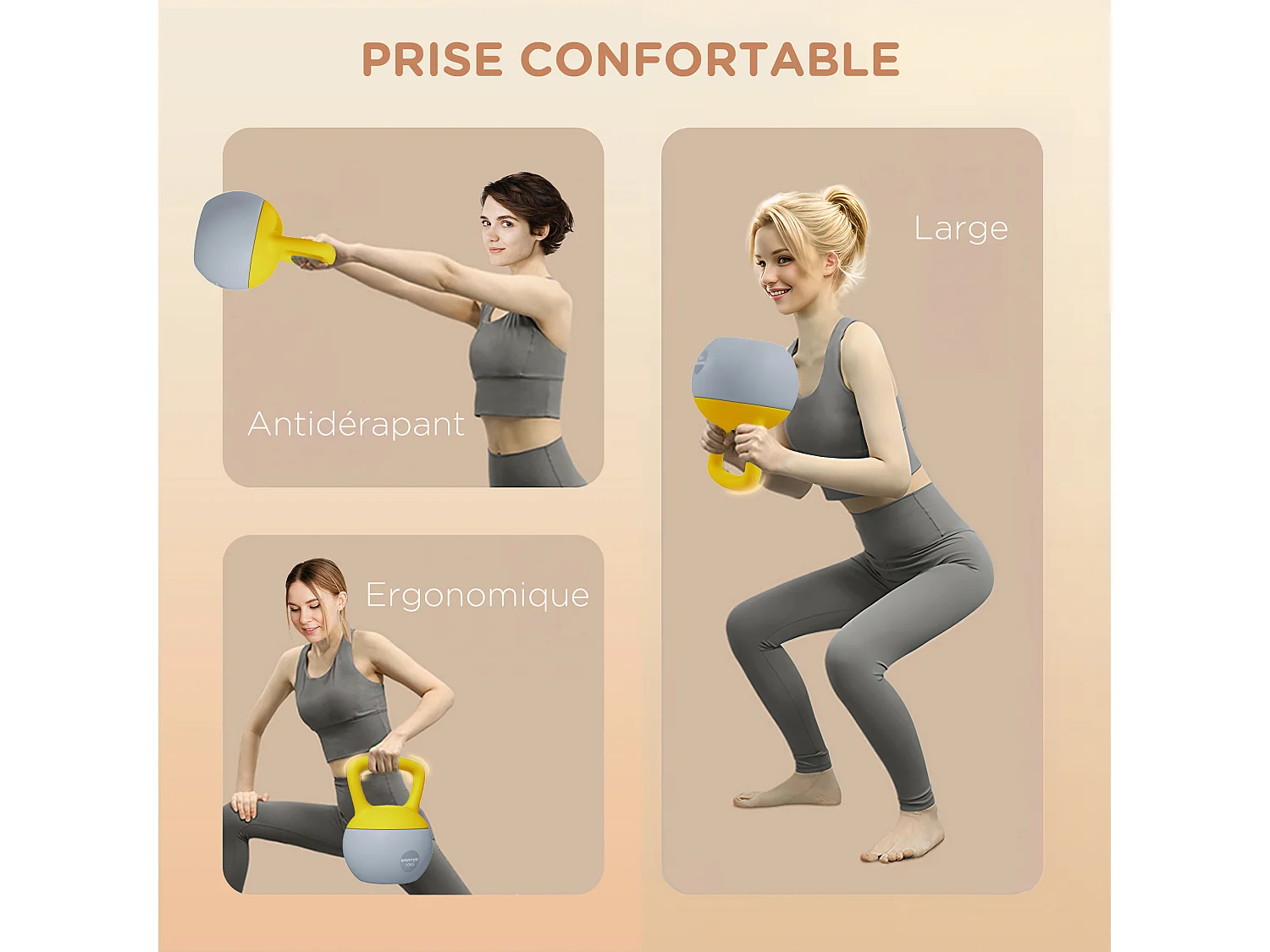 Kettlebell 10 Kg - prise ergonomique - entraînement musculaire & haltérophilie - PVC gris jaune