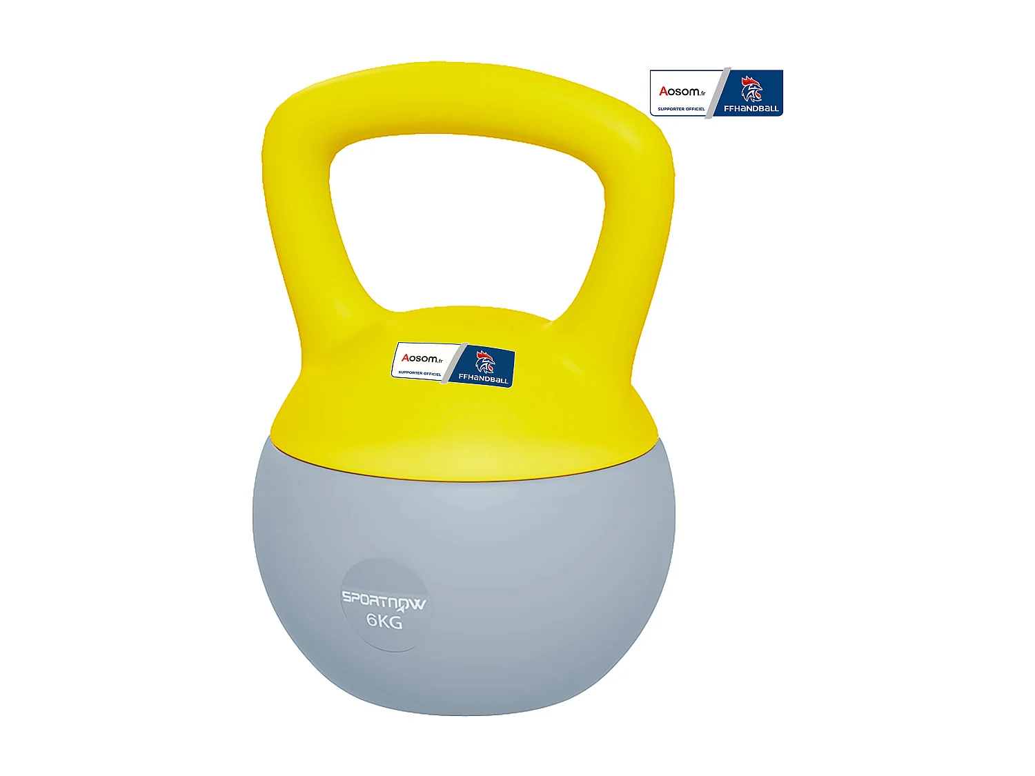 Kettlebell 6 Kg collaboration Aosom.fr x FFHandball - prise ergonomique - PVC gris jaune