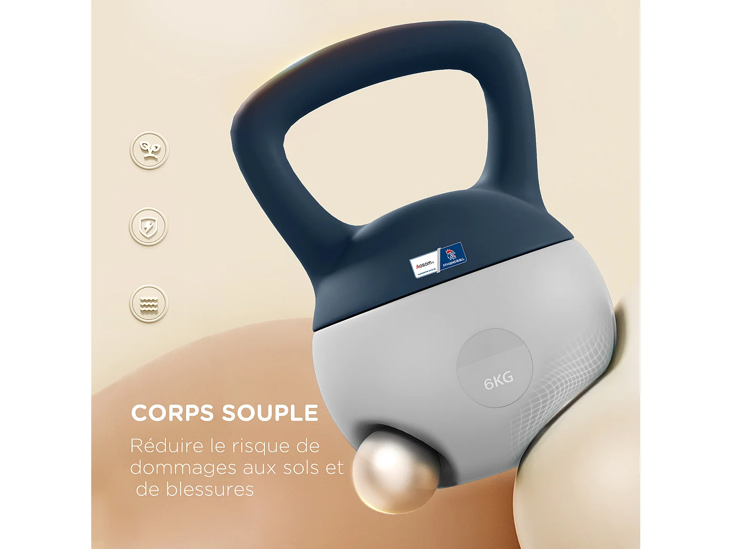 Kettlebell 6 Kg collaboration Aosom.fr x FFHandball - prise ergonomique - PVC gris jaune