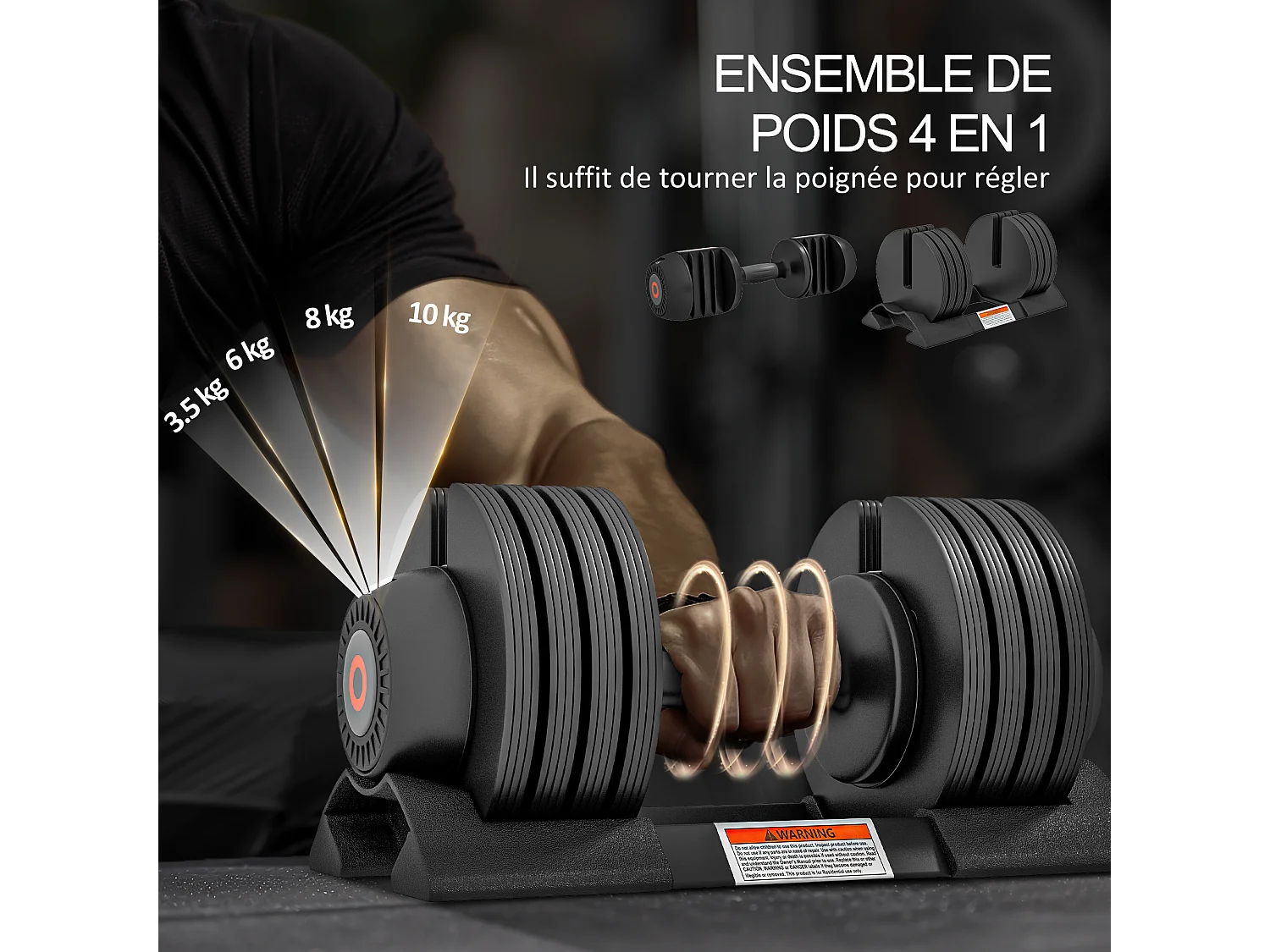 Haltère réglable poids 3,5/6/8/10 Kg max. - plateau rangement, poignée antidérapante - acier ABS noir