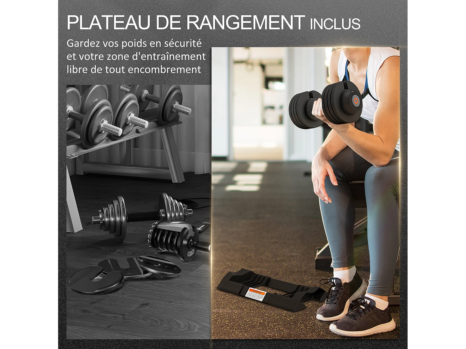 Haltère réglable poids 3,5/6/8/10 Kg max. - plateau rangement, poignée antidérapante - acier ABS noir