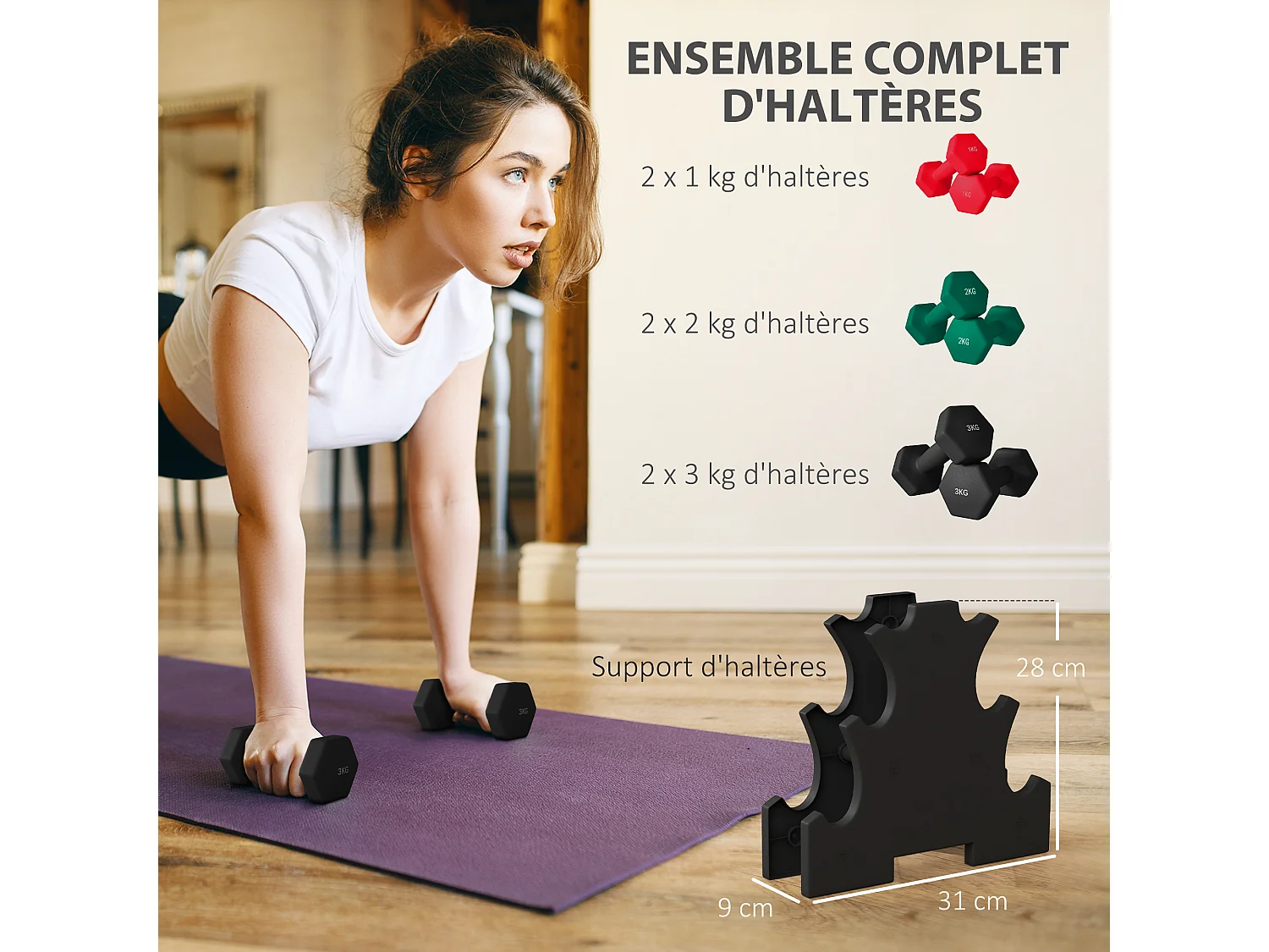 Ensemble d'haltères hexagonaux courtes total 12 Kg - support d'haltères incluses - pour la musculation, 6 haltères - 2 x 1kg, 2 x 2kg, 2 x 3kg