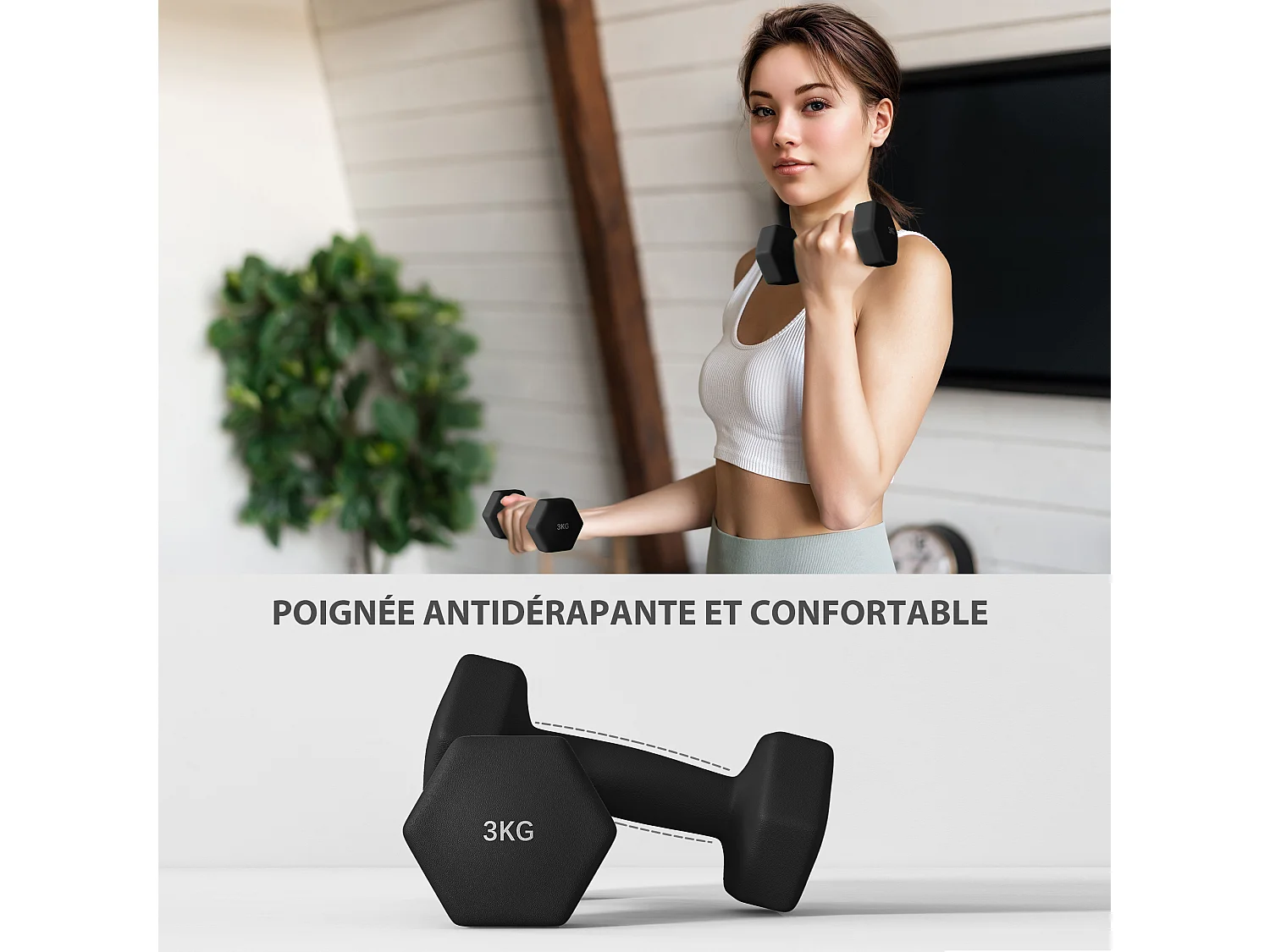 Ensemble d'haltères hexagonaux courtes total 12 Kg - support d'haltères incluses - pour la musculation, 6 haltères - 2 x 1kg, 2 x 2kg, 2 x 3kg