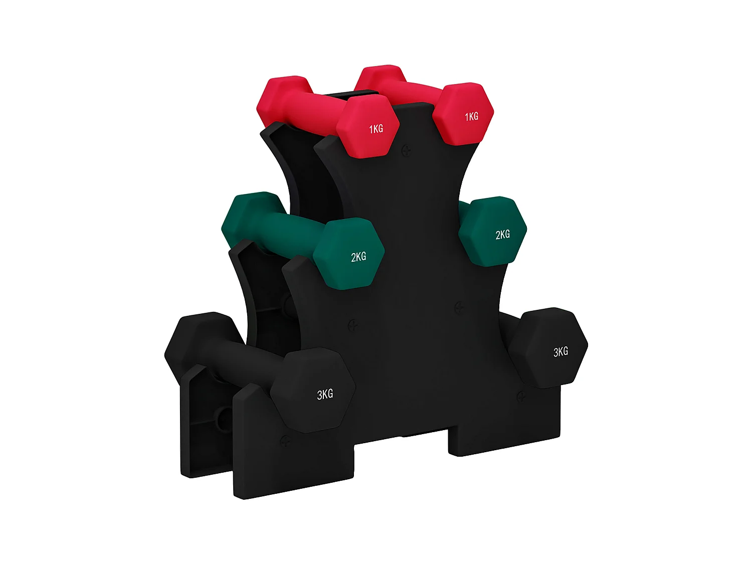 Ensemble d'haltères hexagonaux courtes total 12 Kg - support d'haltères incluses - pour la musculation, 6 haltères - 2 x 1kg, 2 x 2kg, 2 x 3kg