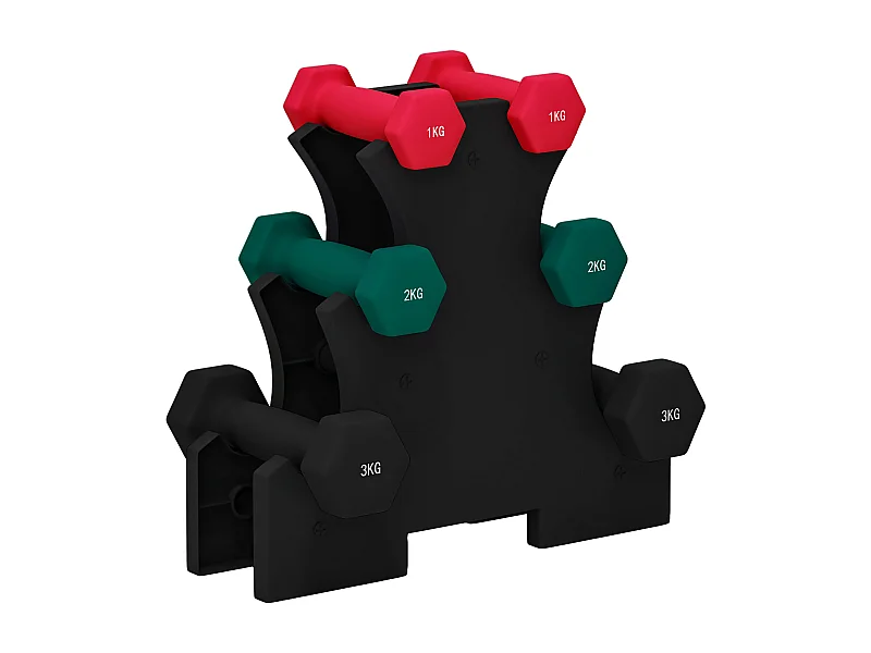 Support noir pour 6 haltères vinyles - 6 haltères incluses total 12 Kg - noir rouge vert