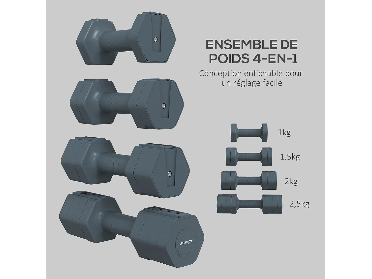 Lot de 2 haltères réglables hexagonales avec poignée antidérapante pour l'entraînement à domicile, 2 x 2.5kg gris