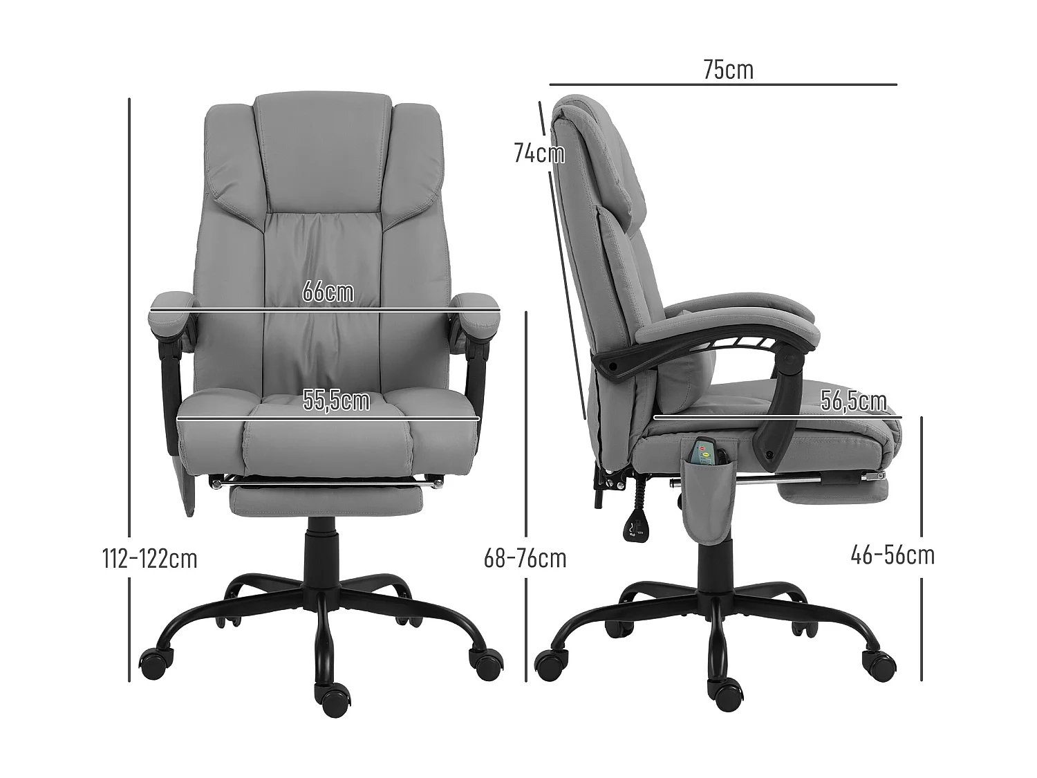 Fauteuil de bureau direction massant inclinable réglable - repose-pieds rétractable intégré - acier noir PU gris