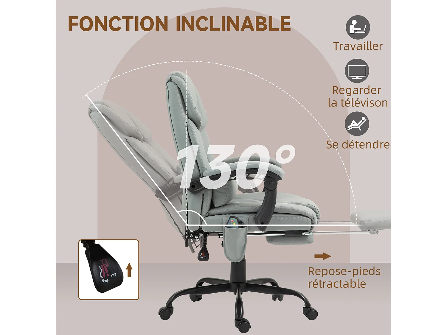 Fauteuil de bureau direction massant inclinable réglable - repose-pieds rétractable intégré - acier noir PU gris