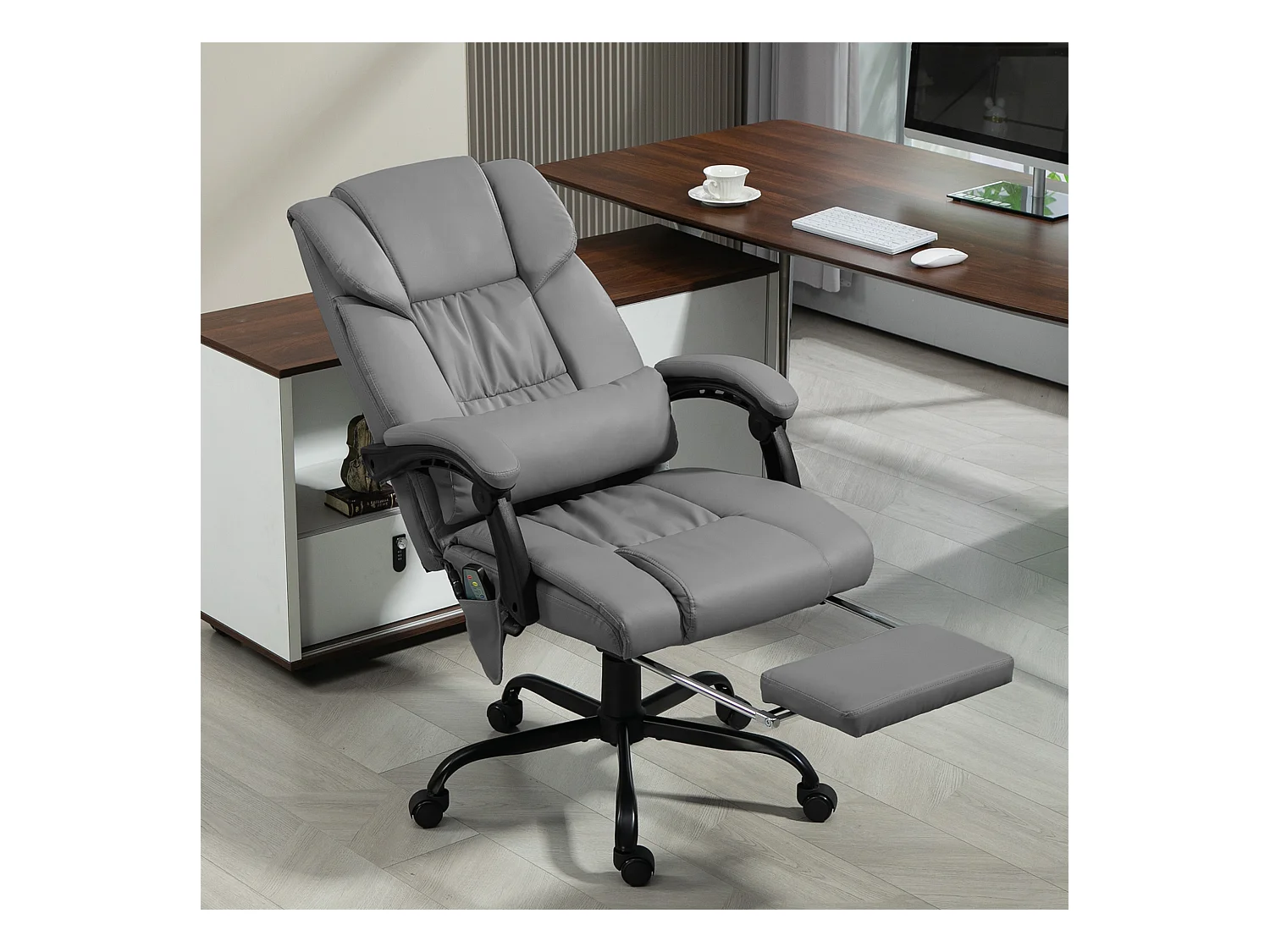 Fauteuil de bureau direction massant inclinable réglable - repose-pieds rétractable intégré - acier noir PU gris