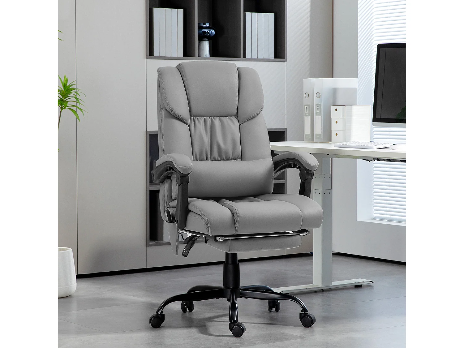 Fauteuil de bureau direction massant inclinable réglable - repose-pieds rétractable intégré - acier noir PU gris