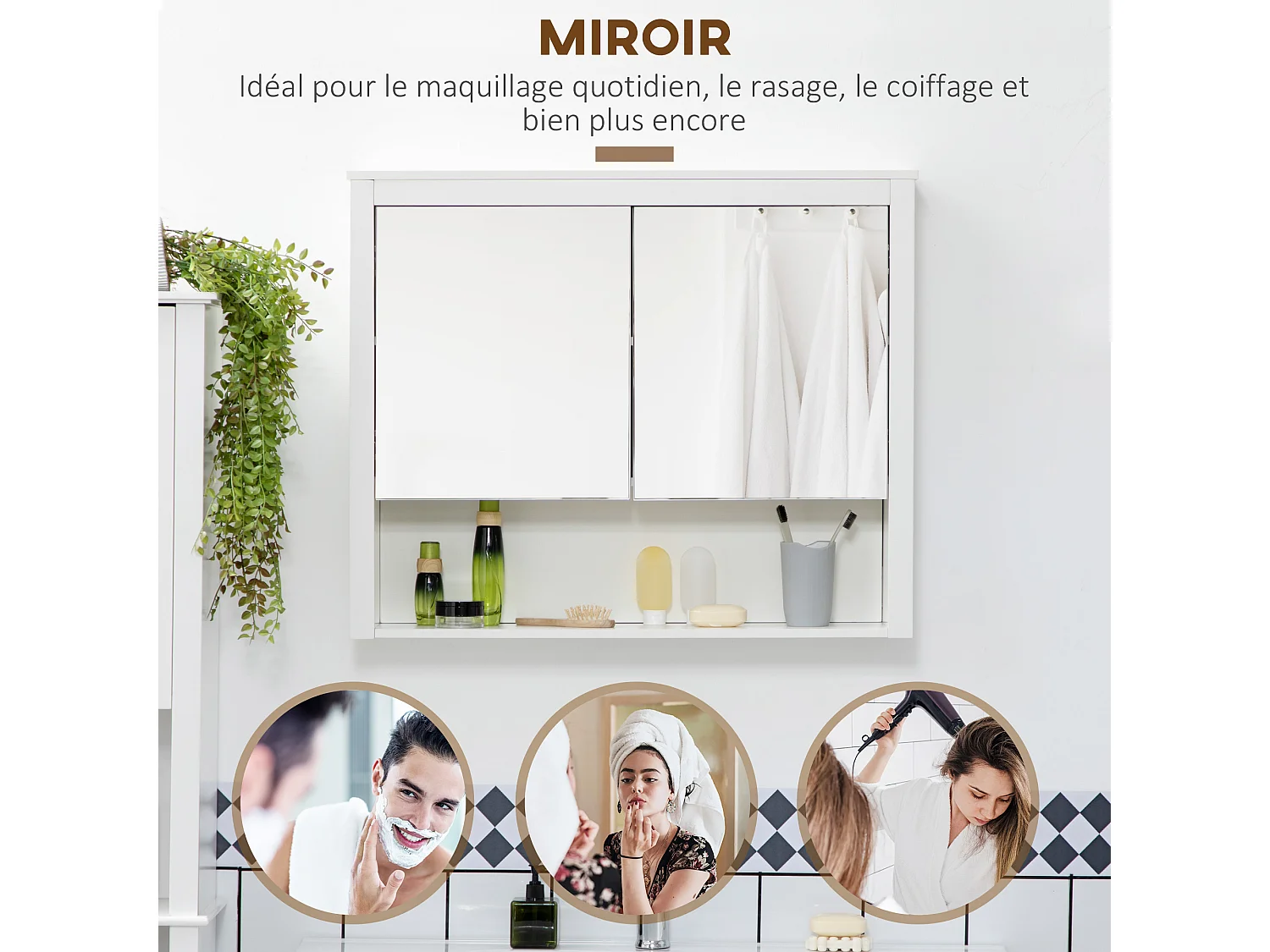Armoire miroir de salle de bain - 2 portes, étagère, niche - MDF blanc