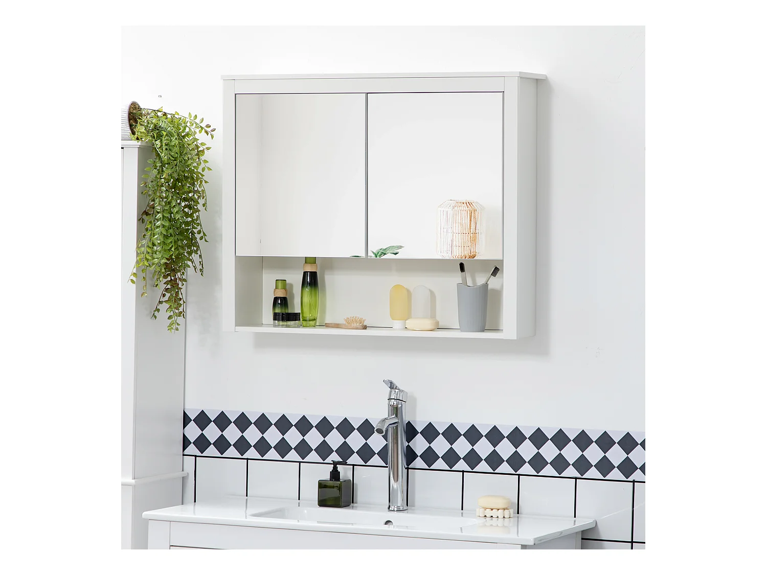 Armoire miroir de salle de bain - 2 portes, étagère, niche - MDF blanc