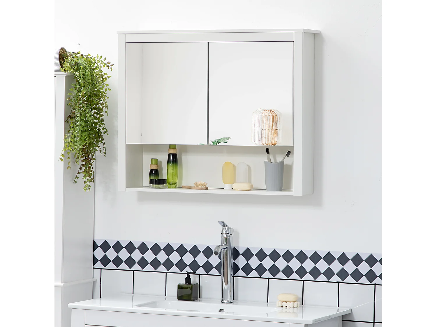 Armoire miroir de salle de bain - 2 portes, étagère, niche - MDF blanc