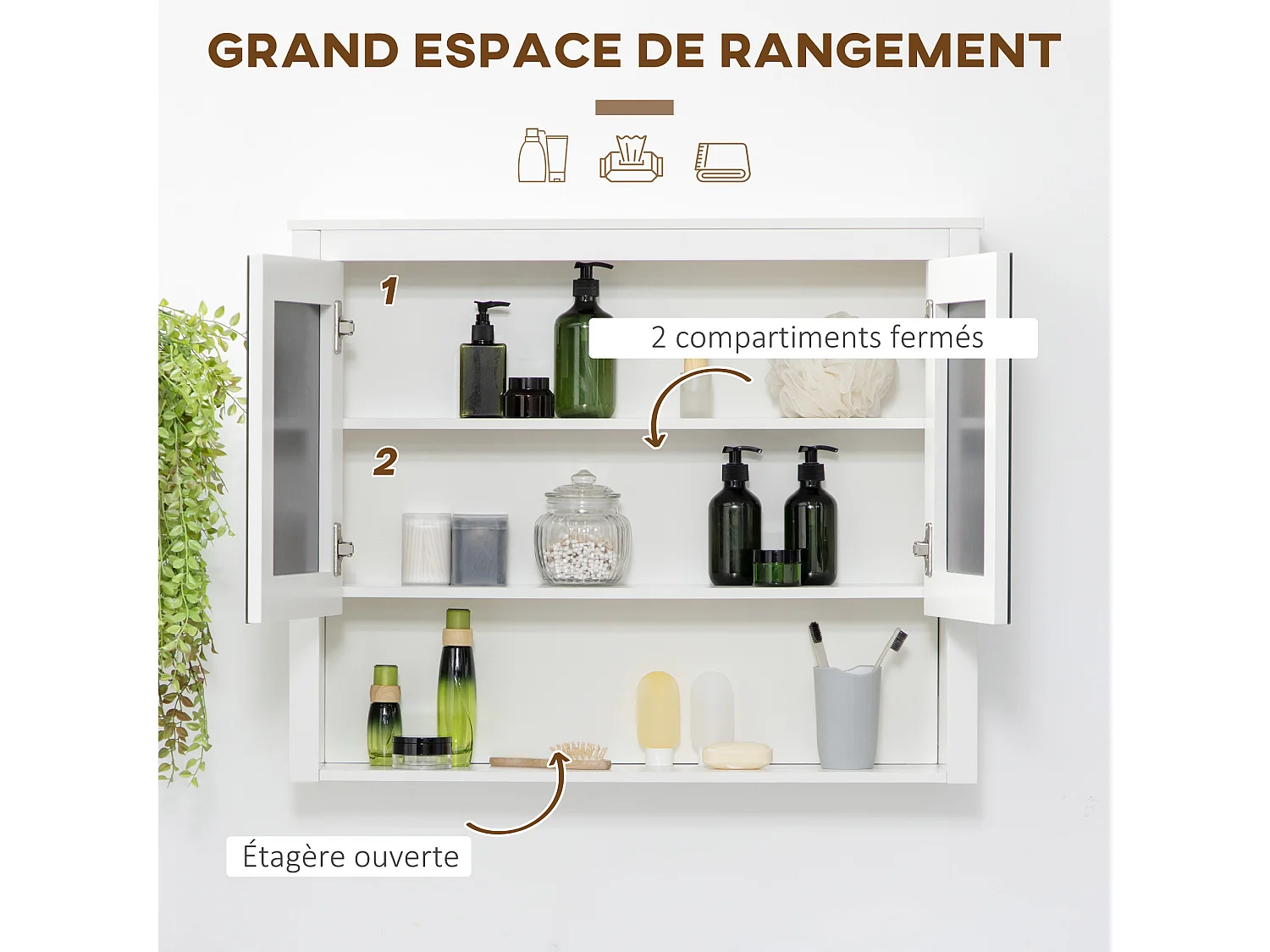 Armoire miroir de salle de bain - 2 portes, étagère, niche - MDF blanc