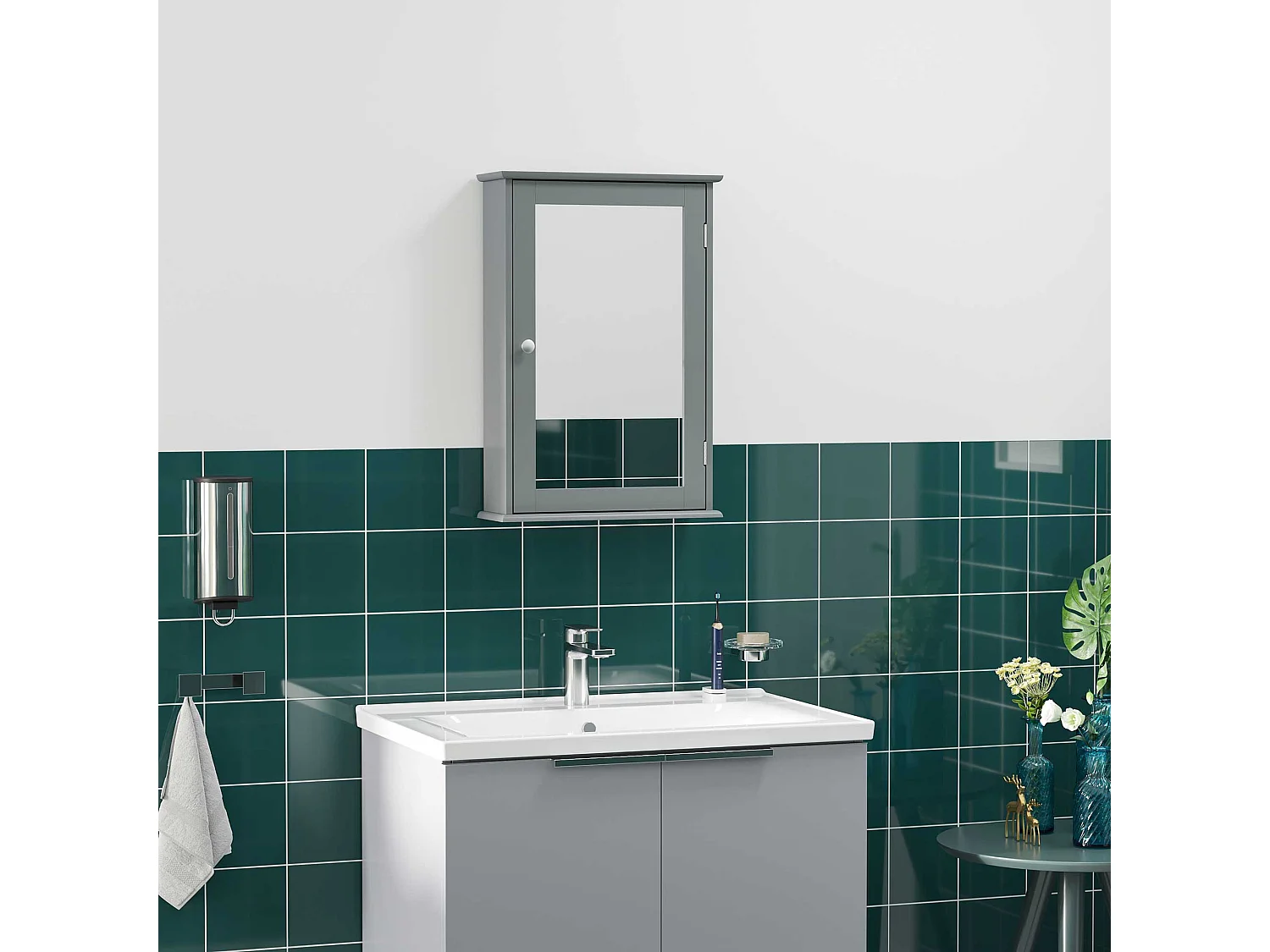 Armoire miroir mural de salle de bain - porte, 2 étagères - dim. 41L x 14l x 60H cm - gris