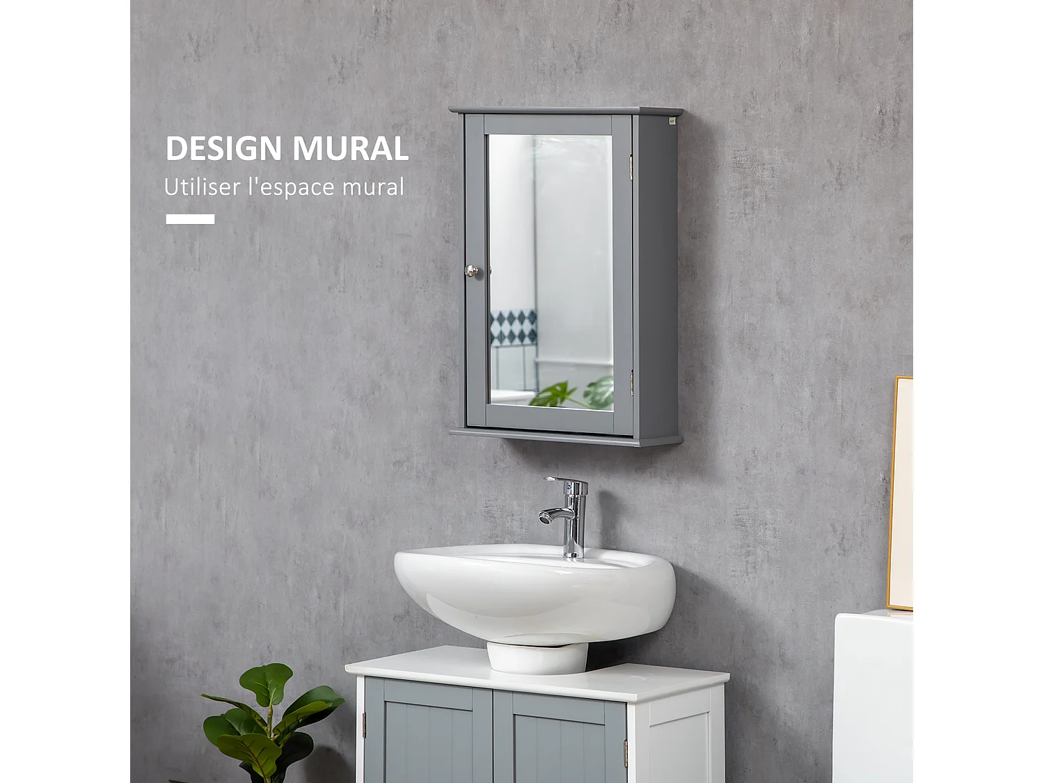 Armoire miroir mural de salle de bain - porte, 2 étagères - dim. 41L x 14l x 60H cm - gris